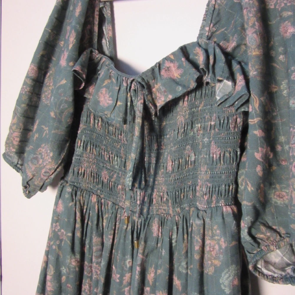 Free People Teal Green Floral Puff-Sleeve Maxi Dress